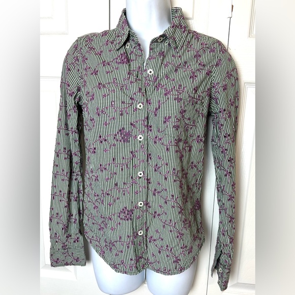 Anthro ODILLE Embroidered Eyelet ButtonDown Shirt Top Blouse Green Purple White - Picture 2 of 12